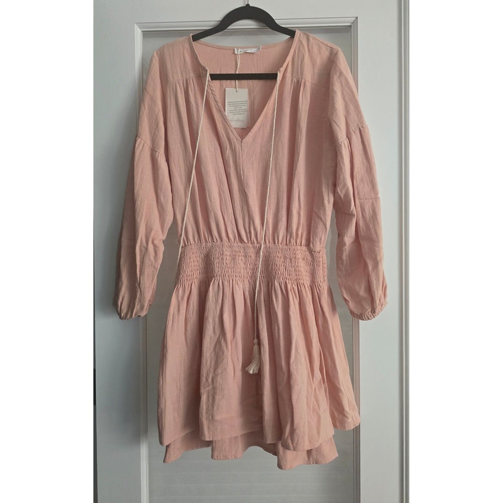 Girl and the‎ Sun Peachy Pink Smocked Waist Tassel Tie V Neck Dress Medium Linen